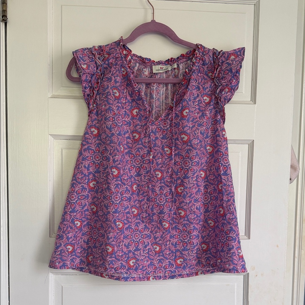 Vineyard Vines Small Purple  Floral Flutter Sleeve Blouse